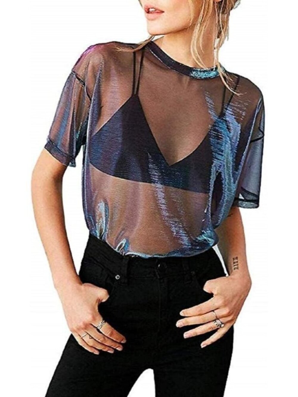 Women’s Navy Purple Metallic Mesh Short Sleeve Sexy See-Through Shirt Top